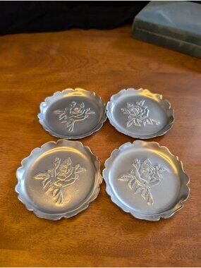 Vintage Aluminum Rose Coasters Set 4 Floral MCM Vanity Trinket Dishes